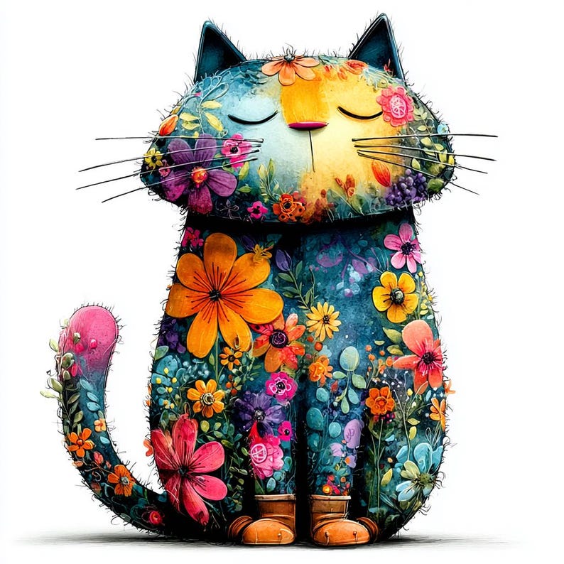Pode incluir: Uma ilustra&ccedil;&atilde;o extravagante de um gato adornado com flores coloridas. O corpo do gato &eacute; coberto por v&aacute;rias flores, incluindo laranja, rosa, roxo e amarelo. O gato tem os olhos fechados e botas marrons, em um fundo branco.