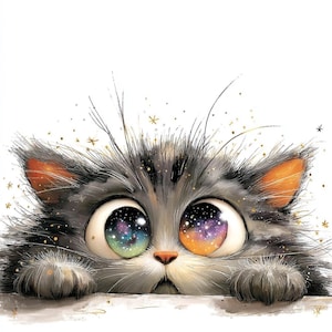 Puede incluir: Ilustración caprichosa de un gato con ojos grandes y expresivos llenos de un diseño de galaxia. El gato tiene pelaje gris y blanco, orejas con forro naranja y una pequeña nariz rosada. Acentos de estrellas doradas rodean al gato, creando un efecto de ensueño.