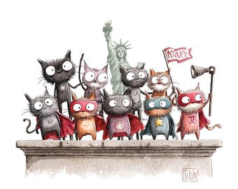 40 Watercolor Super Hero Cats Clipart (JPG) : New York Landmark for Digital Crafts & Gifts