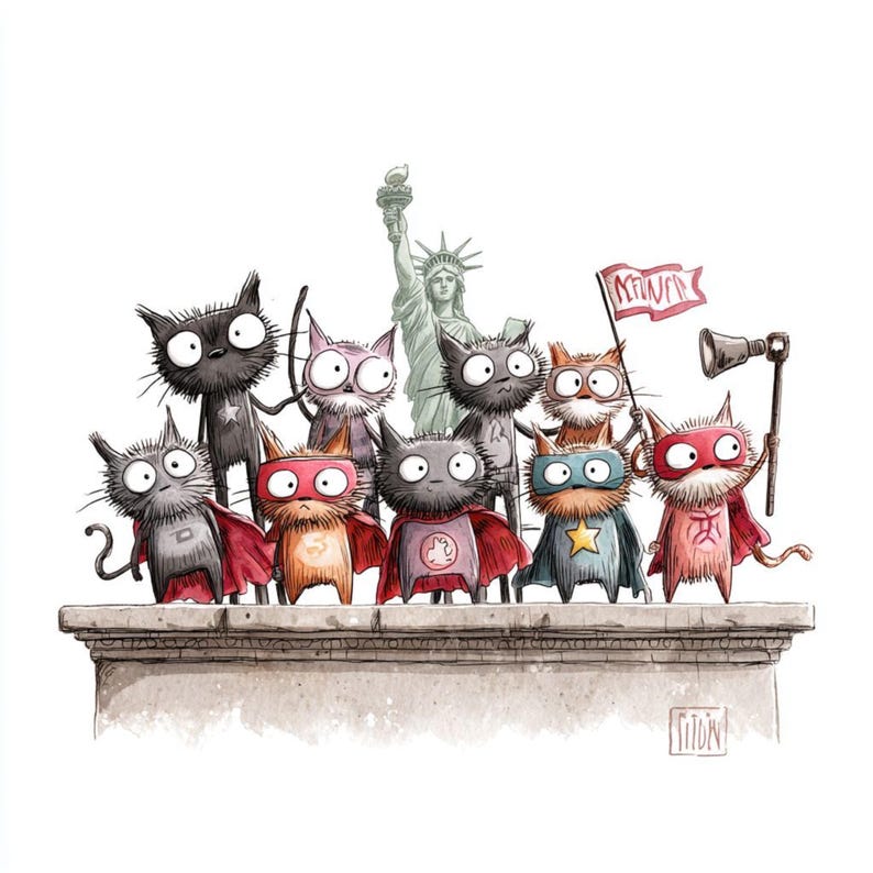 K&ouml;nnte beinhalten: Aquarellillustration einer Gruppe von Comic-Katzen, die als Superhelden verkleidet sind, mit der Freiheitsstatue im Hintergrund. Einige Katzen tragen Umh&auml;nge und Masken. Eine Katze h&auml;lt eine Fahne mit Text.
