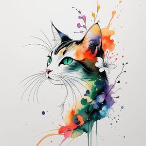 May include: A watercolour painting of a cat's profile, featuring vivid colours. The cat has green eyes, white fur, and black stripes. Splashes of orange, blue, and purple surround the cat, with floral accents.