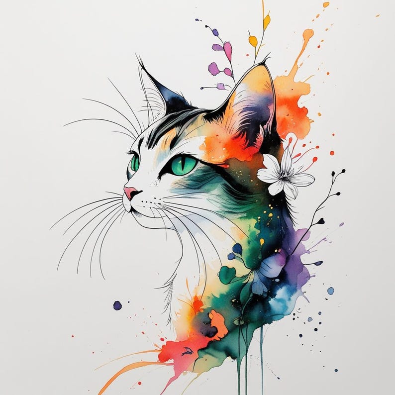 May include: A watercolour painting of a cat's profile, featuring vivid colours. The cat has green eyes, white fur, and black stripes. Splashes of orange, blue, and purple surround the cat, with floral accents.