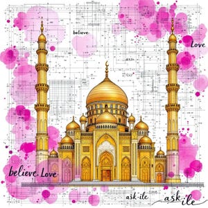 Golden Mosque Watercolor Clipart: Islamic Architecture Art (JPG, 300 DPI)