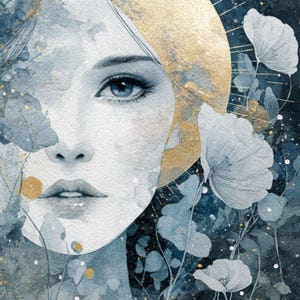 Op de afbeelding: Aquarel schilderij van een vrouwen gezicht met blauwe ogen en een gouden halo. Het kunstwerk toont witte bloemen en blauwe bladeren tegen een donkere achtergrond, met gouden accenten.
