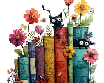 May include: Watercolor illustration of a stack of colorful books with flowers and black cats. The books are various colors, and the flowers are pink, orange, and yellow. A black cat sits atop one book, and another peeks out from behind another.