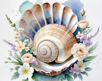 12 Coastal Seashell Floral Clipart (JPG) : Watercolor Shell Bouquet Art for Designers & Print Projects