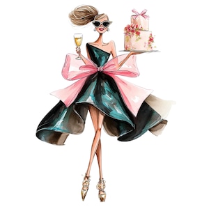 May include: Watercolor illustration of a woman in a teal and black dress with a large pink bow. She holds a champagne glass and a two-tiered cake with floral decorations. She wears sunglasses and gold heels.
