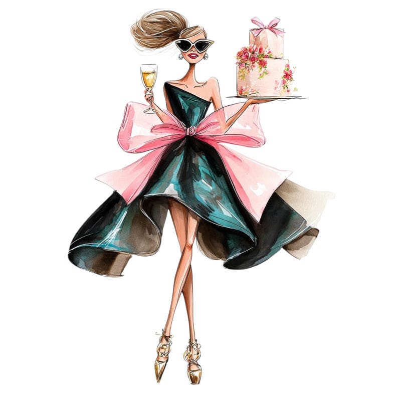 May include: Watercolor illustration of a woman in a teal and black dress with a large pink bow. She holds a champagne glass and a two-tiered cake with floral decorations. She wears sunglasses and gold heels.