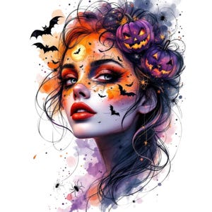 May include: A watercolor illustration of a woman with Halloween-themed makeup. The woman has red lips, orange and purple eye shadow, and bats painted on her face. Two purple jack-o'-lanterns are in her hair, and bats and spiders are scattered around her.