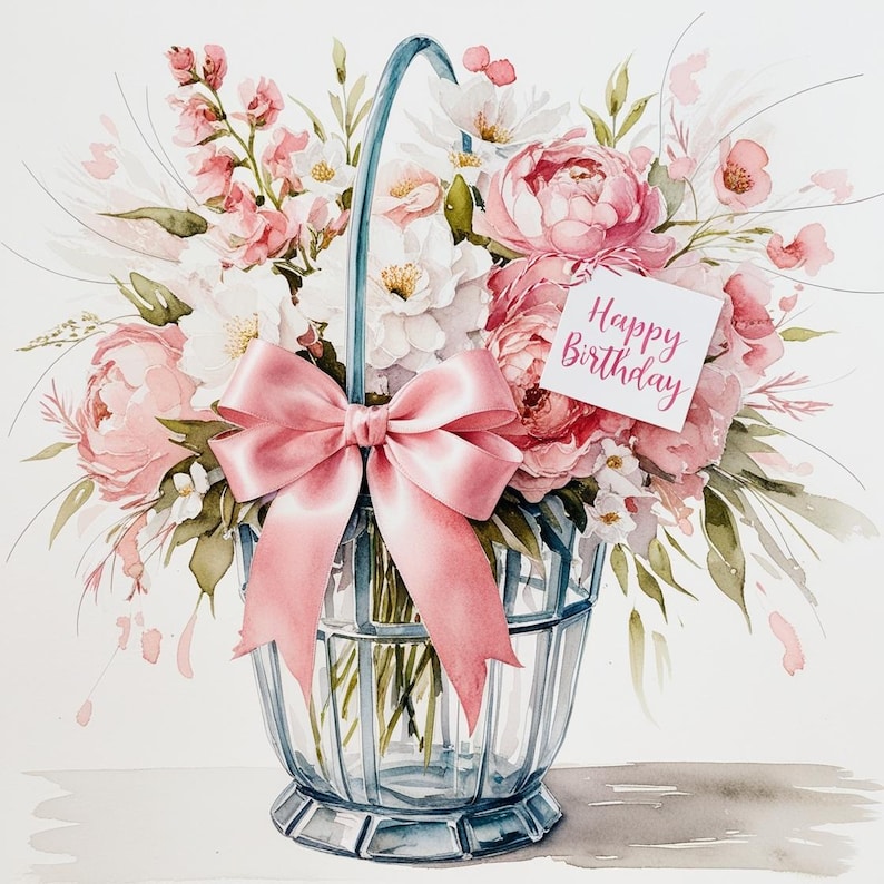 Elegant Birthday Floral Watercolor Clipart: Pink Flower Bouquet