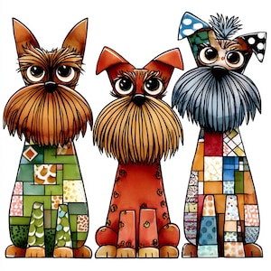Puede incluir: Ilustración de tres perros de dibujos animados con ojos grandes y largas barbas. Cada perro tiene un diseño de patchwork único en su cuerpo, mezclando colores y patrones. Los perros son en tonos de marrón, rojo y azul, con toques de verde y naranja.