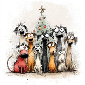 Pode incluir: Uma ilustração fantasiosa apresenta um grupo de cães de desenho animado reunidos em torno de uma árvore de Natal. Os cães, em várias cores, têm traços exagerados e olhos grandes. A árvore é decorada com enfeites e encimada por uma estrela, criando uma cena festiva.