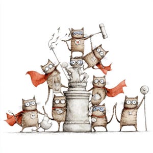 K&ouml;nnte beinhalten: Eine skurrile Illustration zeigt eine Gruppe von Comic-Katzen, die sich als Superhelden verkleidet haben. Sie tragen Umh&auml;nge, Masken und halten verschiedene Werkzeuge, die um eine Statue herum stehen. Das Kunstwerk hat eine ged&auml;mpfte Farbpalette mit detaillierten Linien, die eine verspielte und fantasievolle Szene schaffen.