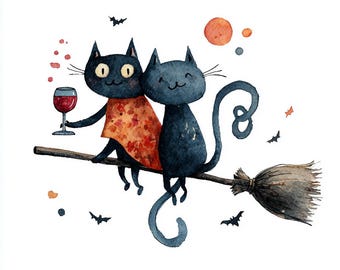 12 Whimsical Halloween Clipart PNG | Watercolor Witch Black Cats | Wine Broom Design
