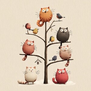 K&ouml;nnte beinhalten: Eine skurrile Illustration eines Baumes mit Cartoon-Katzen auf den &Auml;sten. Die Katzen sind in verschiedenen Farben, darunter Orange, Rosa und Grau, mit kleinen V&ouml;geln dazwischen. Ein kleines dekoratives Vogelhaus h&auml;ngt an einem Ast.