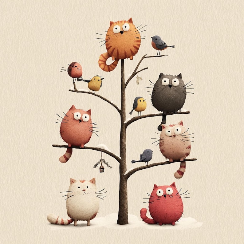 K&ouml;nnte beinhalten: Eine skurrile Illustration eines Baumes mit Cartoon-Katzen auf den &Auml;sten. Die Katzen sind in verschiedenen Farben, darunter Orange, Rosa und Grau, mit kleinen V&ouml;geln dazwischen. Ein kleines dekoratives Vogelhaus h&auml;ngt an einem Ast.
