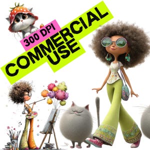 May include: A colourful illustration of a woman with an afro and sunglasses, wearing green trousers. A cat in a strawberry hat and the text "COMMERCIAL USE" are also visible. The image has a playful, cartoon style.