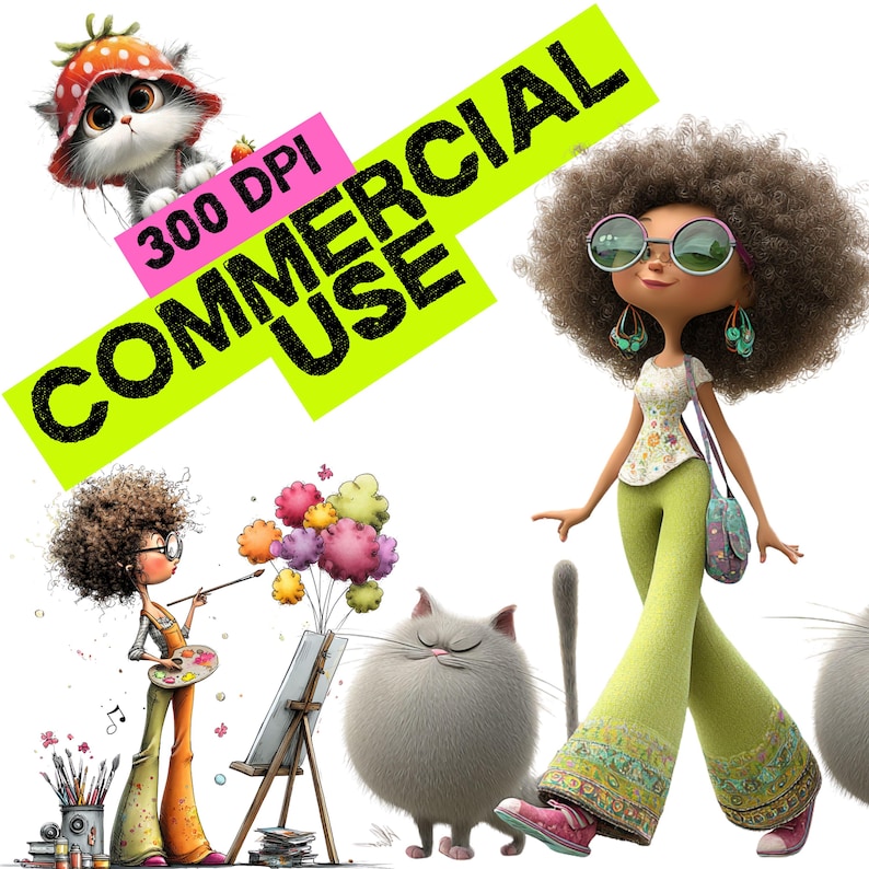 May include: A colourful illustration of a woman with an afro and sunglasses, wearing green trousers. A cat in a strawberry hat and the text "COMMERCIAL USE" are also visible. The image has a playful, cartoon style.
