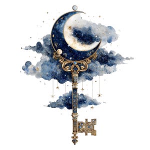 Peut inclure: Illustration d'une clé sur le thème céleste avec un croissant de lune et des étoiles. La clé a une poignée et une tête dorées, avec un fond de lune et de nuages bleu foncé. De petites étoiles dorées pendent de la clé.