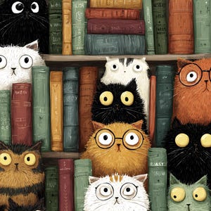 May include: Illustration of a bookshelf filled with books and cartoon cats. The cats have various fur colors, including black, orange, and white, and some wear glasses. The books are in shades of green, brown, and red.