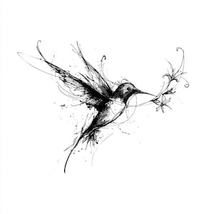 Może przedstawiać: Czarno-biała ilustracja kolibra w locie, oddana dynamicznymi liniami i rozpryskami tuszu. Ptak trzyma w dziobie gałązkę kwiatów. Grafika ma delikatny, artystyczny charakter, z naciskiem na ruch i szczegóły.