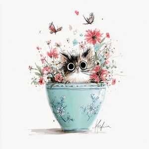 May include: Watercolor illustration of a kitten peeking out of a light blue bowl filled with flowers. The kitten has large, round eyes and is surrounded by pink, red, and white flowers. Butterflies flutter above the bowl, adding a whimsical touch.