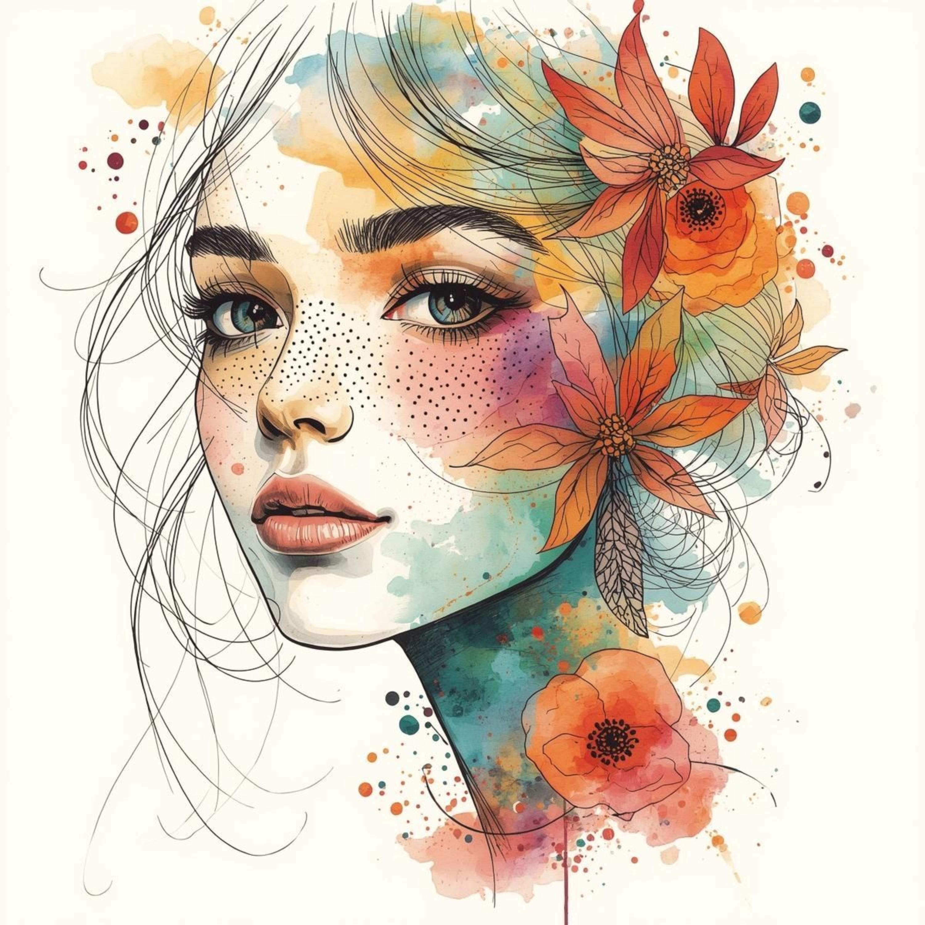 水彩画の女性の顔のクリップアート：抽象的な花のアート、ジャンク