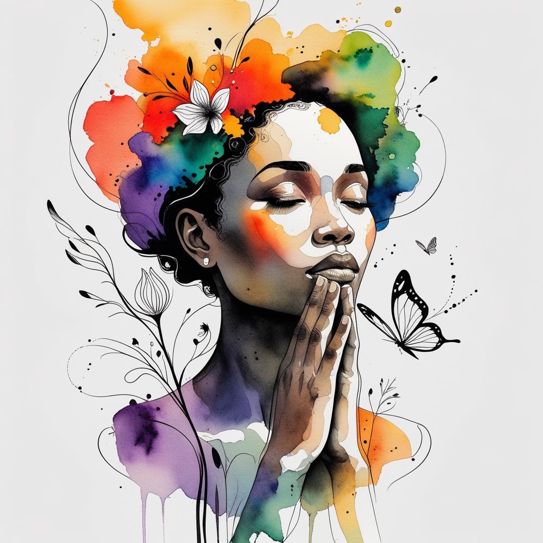 水彩画の祈る女性のクリップアート - 抽象的なスピリチュアルな肖像画