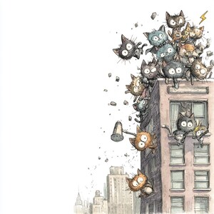 K&ouml;nnte beinhalten: Skurrile Illustration mit zahlreichen Cartoon-Katzen auf einem Geb&auml;ude. Die Katzen, in verschiedenen Farben, sitzen am Rand, einige fallen. Das Kunstwerk hat einen skizzenhaften, handgezeichneten Stil, mit einer Stadtlandschaft im Hintergrund.