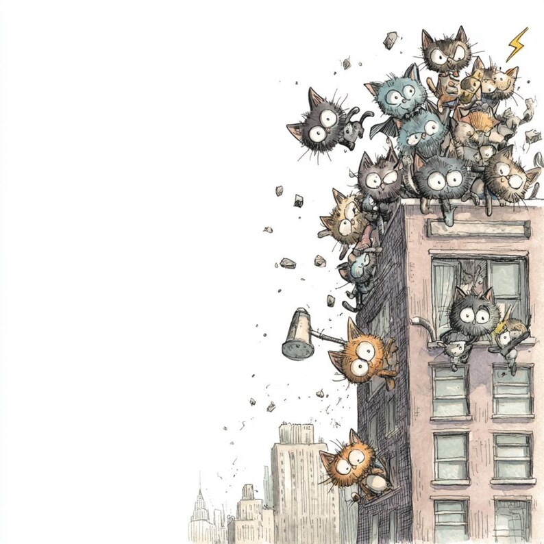 K&ouml;nnte beinhalten: Skurrile Illustration mit zahlreichen Cartoon-Katzen auf einem Geb&auml;ude. Die Katzen, in verschiedenen Farben, sitzen am Rand, einige fallen. Das Kunstwerk hat einen skizzenhaften, handgezeichneten Stil, mit einer Stadtlandschaft im Hintergrund.
