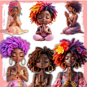 Black Girl Praying PNG and JPG , 10 Woman Cute Figurines Set , Praying Clipart for Girls, African American Praying Girl Bundle , Printable