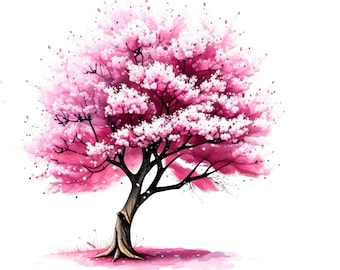 May include: A watercolor painting of a pink cherry blossom tree with a white background. The tree is in full bloom and the branches are reaching up towards the sky.