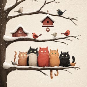 K&ouml;nnte beinhalten: Illustration eines Baumes mit schneebedeckten &Auml;sten, Vogelh&auml;usern und V&ouml;geln. F&uuml;nf Katzen in verschiedenen Farben sitzen auf einem Ast unter den V&ouml;geln. Die Katzen sind orange, schwarz und rot. Der Hintergrund ist hellbeige.