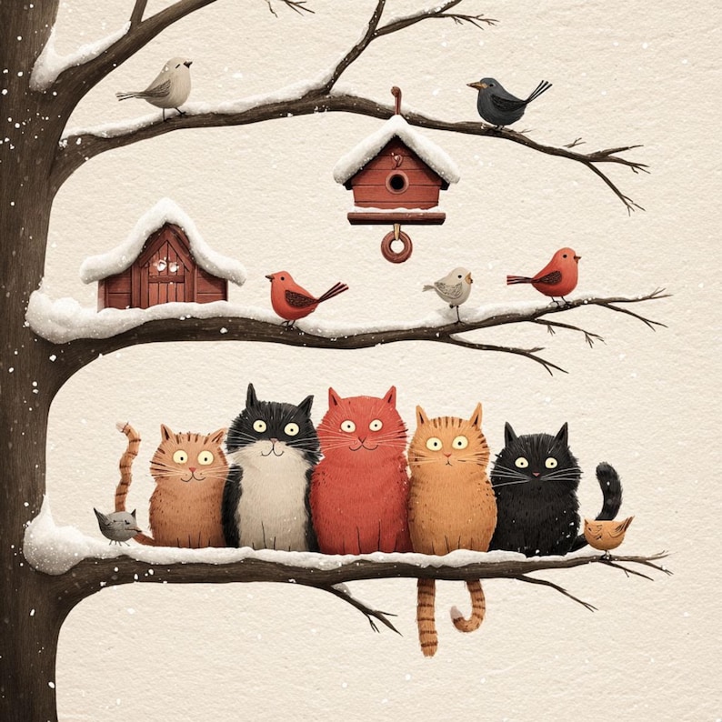 K&ouml;nnte beinhalten: Illustration eines Baumes mit schneebedeckten &Auml;sten, Vogelh&auml;usern und V&ouml;geln. F&uuml;nf Katzen in verschiedenen Farben sitzen auf einem Ast unter den V&ouml;geln. Die Katzen sind orange, schwarz und rot. Der Hintergrund ist hellbeige.