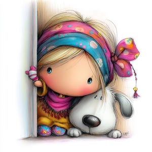 Watercolor Peeking Girl Clipart: Scrapbook Illustrations (Digital Download)