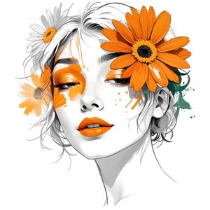 Clipart volto di donna floreale arancione, 10 JPG ad alta risoluzione ad acquerello astratti - Arte stampabile - Junk Journaling, Scrapbooking, Paper Crafting