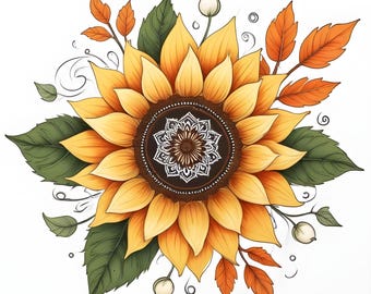 Watercolor Sunflower Mandala Clipart: Boho Floral PNGs (Digital Download)