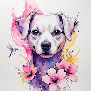4 Floral Dog PNG Clipart Bundle | Watercolor Puppy Illustrations | Cute Dog Art for Sublimation & Junk Journal | Digital Pet Art