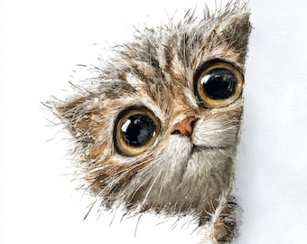 May include: A watercolor illustration of a curious cat with large, expressive eyes. The cat's fur is a mix of brown and tan, with a white background. The cat is peeking around a white edge.
