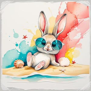 Cute Beach Bunny Clipart Set – 12 JPG Summer Rabbit Illustrations – Printable Art for Junk Journaling, Card Making, Scrapbooking