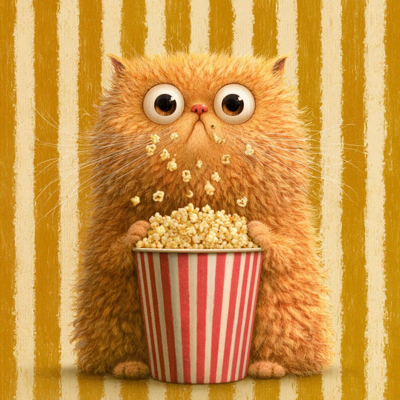 May include: A ginger cat with big eyes and popcorn on its face clutches a red and white striped popcorn bucket. The background has vertical yellow and white stripes.