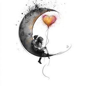 May include: A black and white ink illustration featuring two figures sitting on a large crescent moon. One figure holds a string attached to a vibrant, watercolour-style heart-shaped balloon in shades of orange, yellow, and pink, with ink splatters.