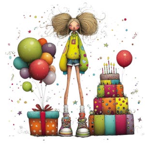 Puede incluir: Ilustración de una figura parecida a una muñeca con cabello rubio, vistiendo una sudadera con capucha amarilla y pantalones cortos de mezclilla, junto a un pastel de cumpleaños y regalos envueltos. Globos coloridos y confeti.
