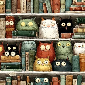 May include: A whimsical illustration of a bookshelf filled with books and cartoon cats. The cats, in various colors like green, orange, and black, peek out from behind the books, creating a playful and inviting scene.