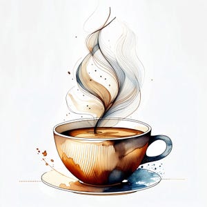 10 imágenes prediseñadas de tazas de café con acuarela abstracta, taza minimalista con vapor lineal para diarios de cocina acogedores, descarga digital para proyectos de bricolaje.