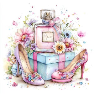 May include: Watercolor illustration of a perfume bottle, high-heeled shoes, and flowers. The perfume bottle is pink with a light blue ribbon. One shoe is lavender, the other is pink, both with floral embellishments. The background features pink and blue flowers.