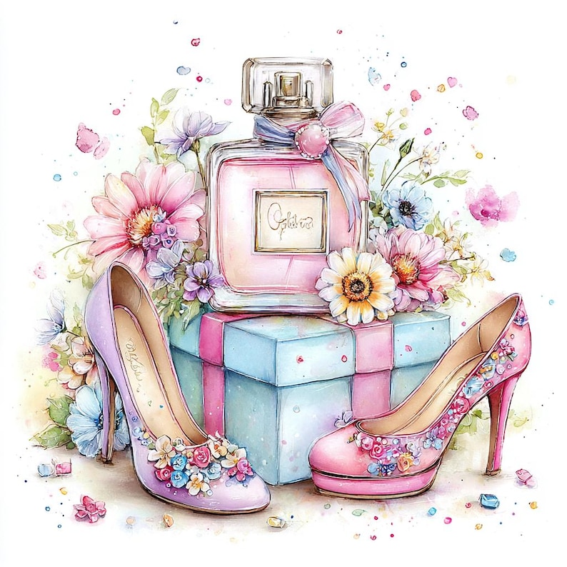 May include: Watercolor illustration of a perfume bottle, high-heeled shoes, and flowers. The perfume bottle is pink with a light blue ribbon. One shoe is lavender, the other is pink, both with floral embellishments. The background features pink and blue flowers.