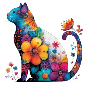 May include: A colorful illustration of a cat in a sitting position, filled with vibrant flowers. The cat's body is a mix of blue, purple, and white, with orange, yellow, pink, and blue flowers. The tail curls upwards, adorned with more floral details.