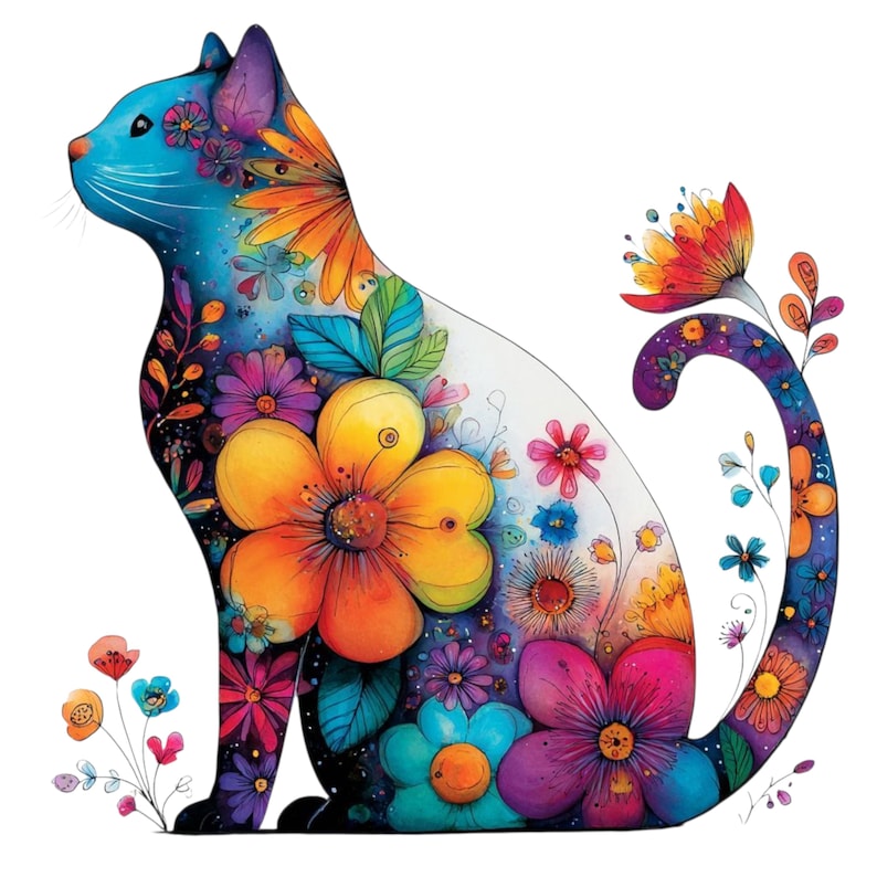 May include: A colorful illustration of a cat in a sitting position, filled with vibrant flowers. The cat's body is a mix of blue, purple, and white, with orange, yellow, pink, and blue flowers. The tail curls upwards, adorned with more floral details.