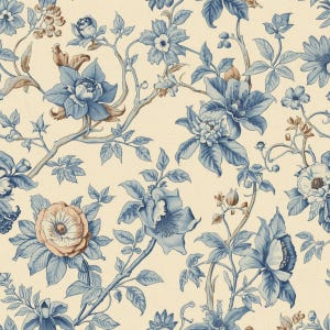 May include: A seamless floral pattern featuring blue and peach flowers with green leaves and brown stems against a cream background. The design includes various flower types and sizes, creating a detailed and elegant botanical print.